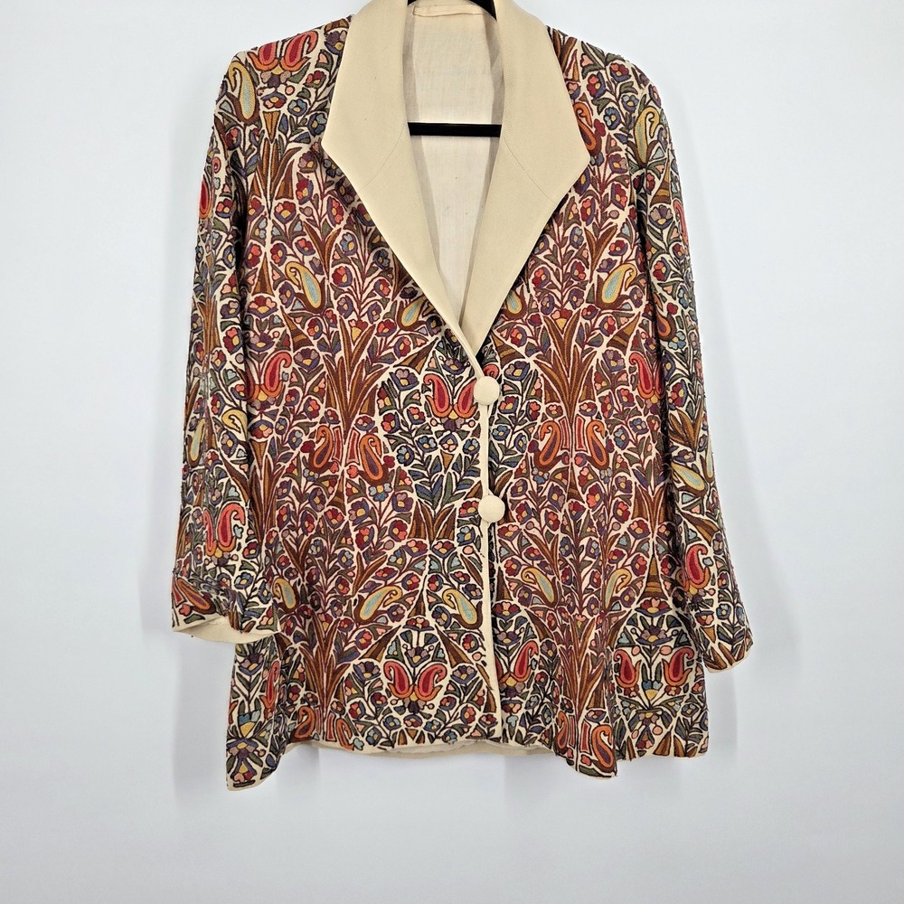 VTG Floral Embroidered Jacket Womens Large Full Button Vibrant Artsy Colorful